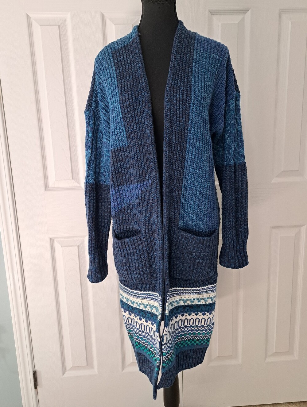 GAP Women's Chunky Knit Sweater Coat Cardigan Size Large Blue White Green